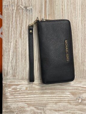 Michael Kors Black Gold Logo Wristlet Wallet with Strap